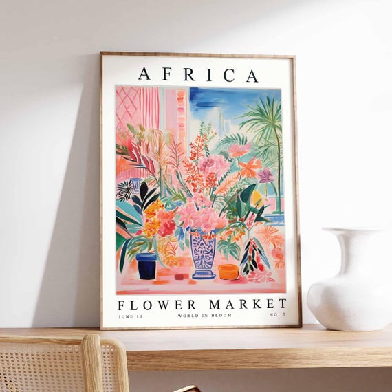 Africa Flower Market Poster Print African Street Scene Wall Art Colourful Botanical Decor Travel