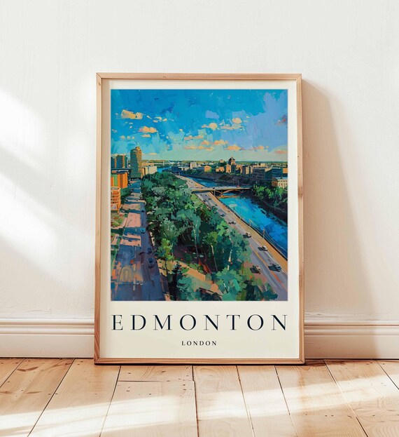 Edmonton London Aerial City River Road Bright Travel Art Poster
