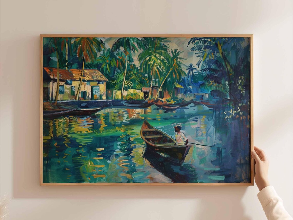 Bangladesh Palm River Village Scene Poster with Boat and Boatman