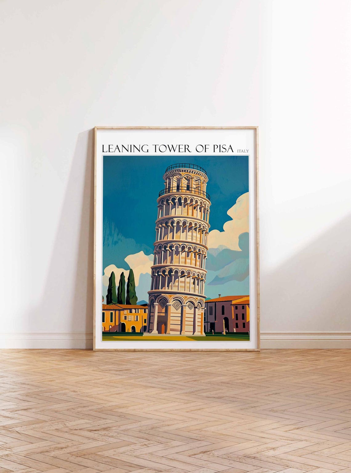 Leaning Tower of Pisa Flat Graphic Cypress Tree Teal Sky Art Poster - Image 3