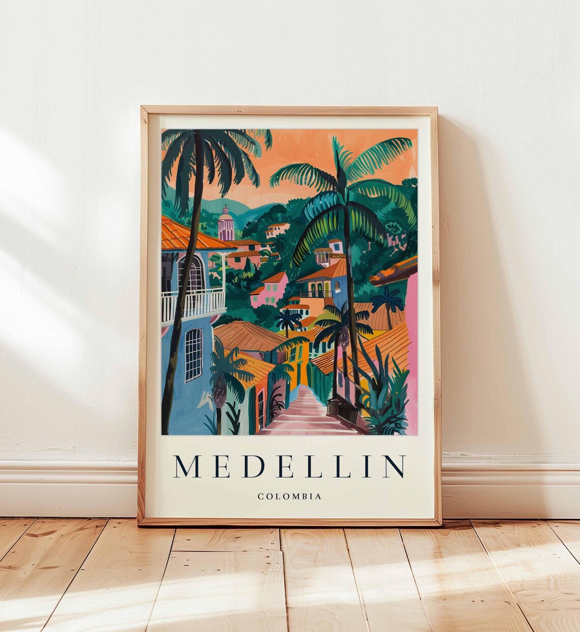 Medellin Colombia Tall Palm Trees at Orange Sunset Travel Poster