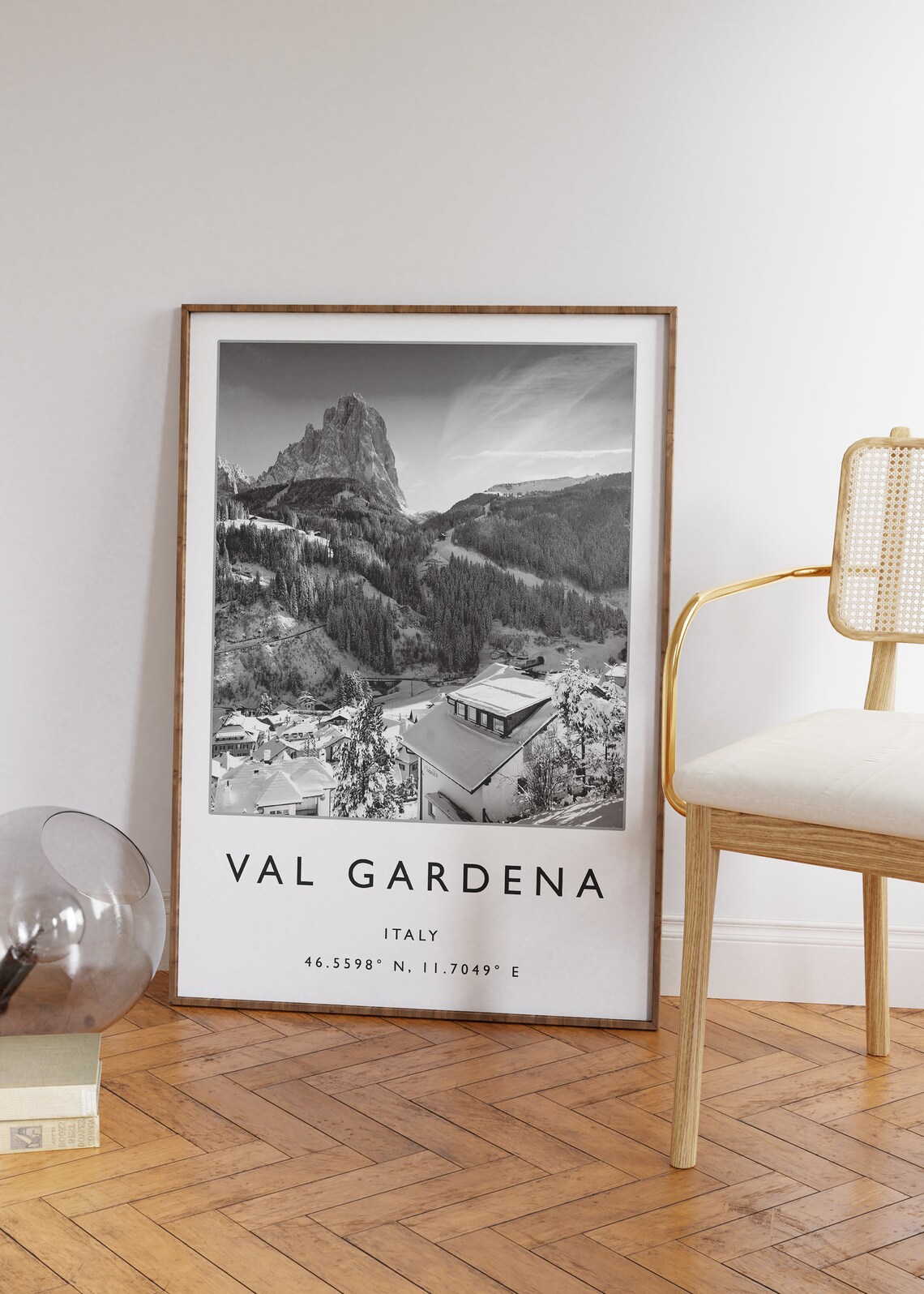 Val Gardena Italy Dolomites Snowy Village Black White Poster - Image 2