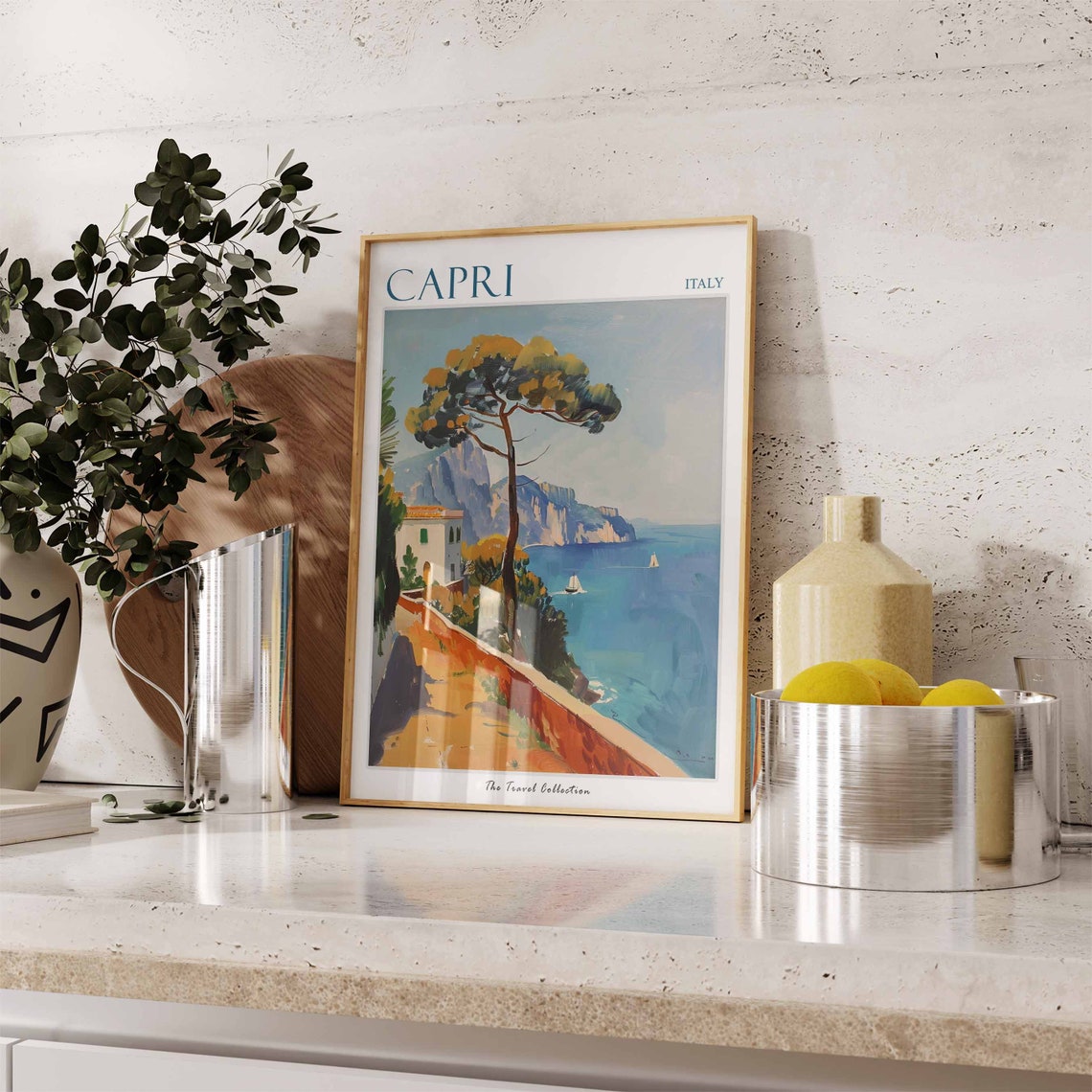 Capri Italy Coastal Path with Pine Tree Painted Mediterranean Poster - Image 2
