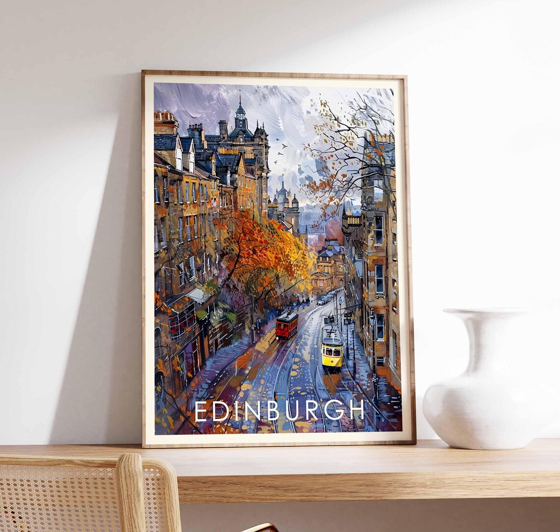 Edinburgh Autumn Street Trams Historic Scotland City Art Poster