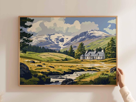Cairngorms Mountain Lodge Snow Peak Stream Retro Landscape Poster