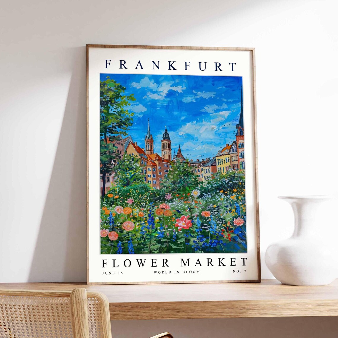 Frankfurt Flower Market Church Towers Summer Garden Vintage Art Poster