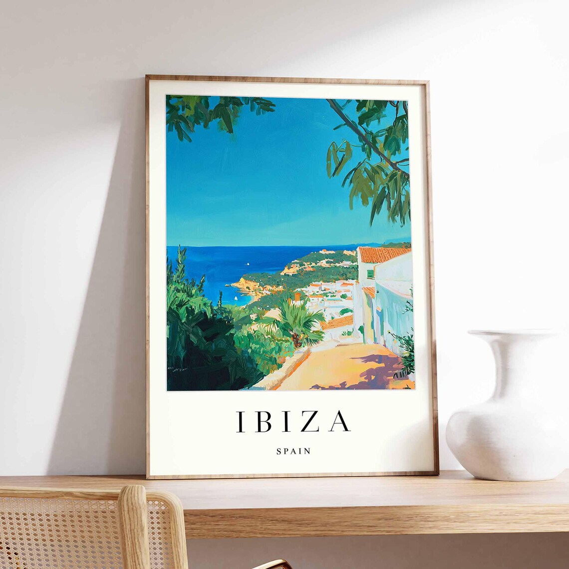 Ibiza Spain Sunny Seafront Street Palms White Houses Art Poster