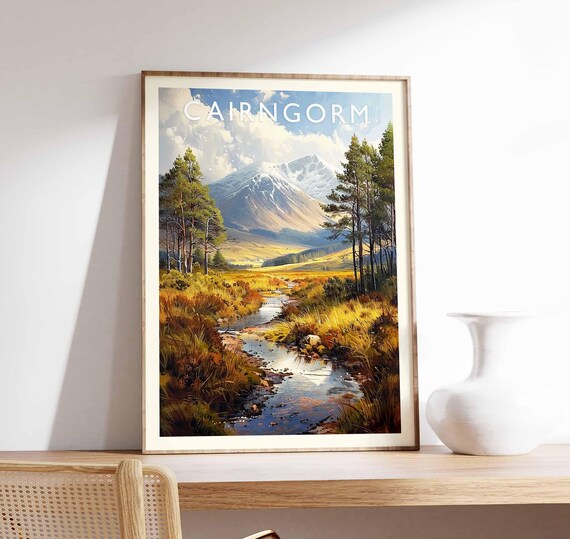 Cairngorm Snowy Mountain Stream Golden Autumn Moorland Poster