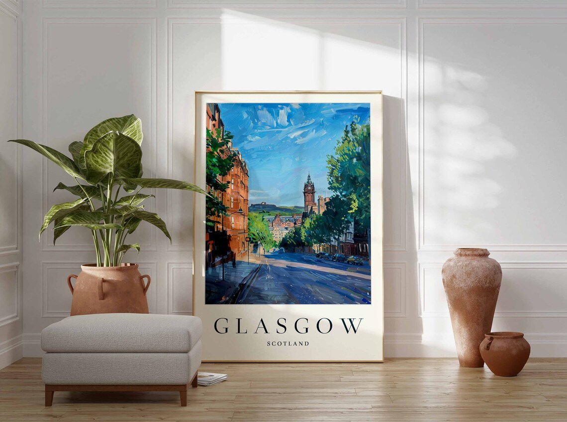 Glasgow Scotland Red Sandstone Street Clock Tower City Travel Poster - Image 3