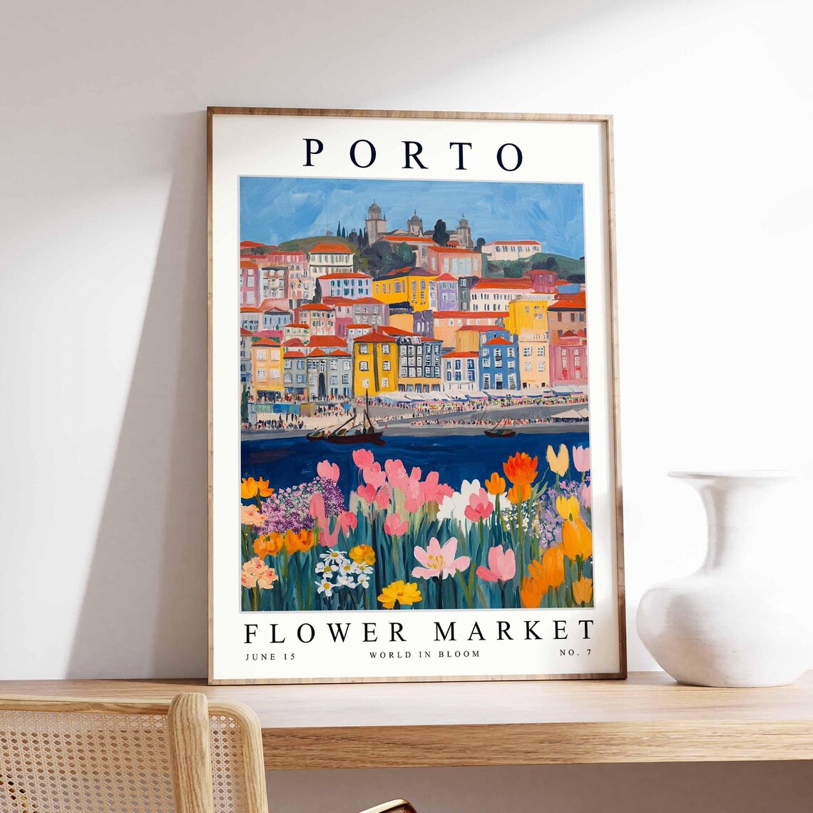 Porto Ribeira Dusk Blue Water Tulip Foreground Floral Travel Poster