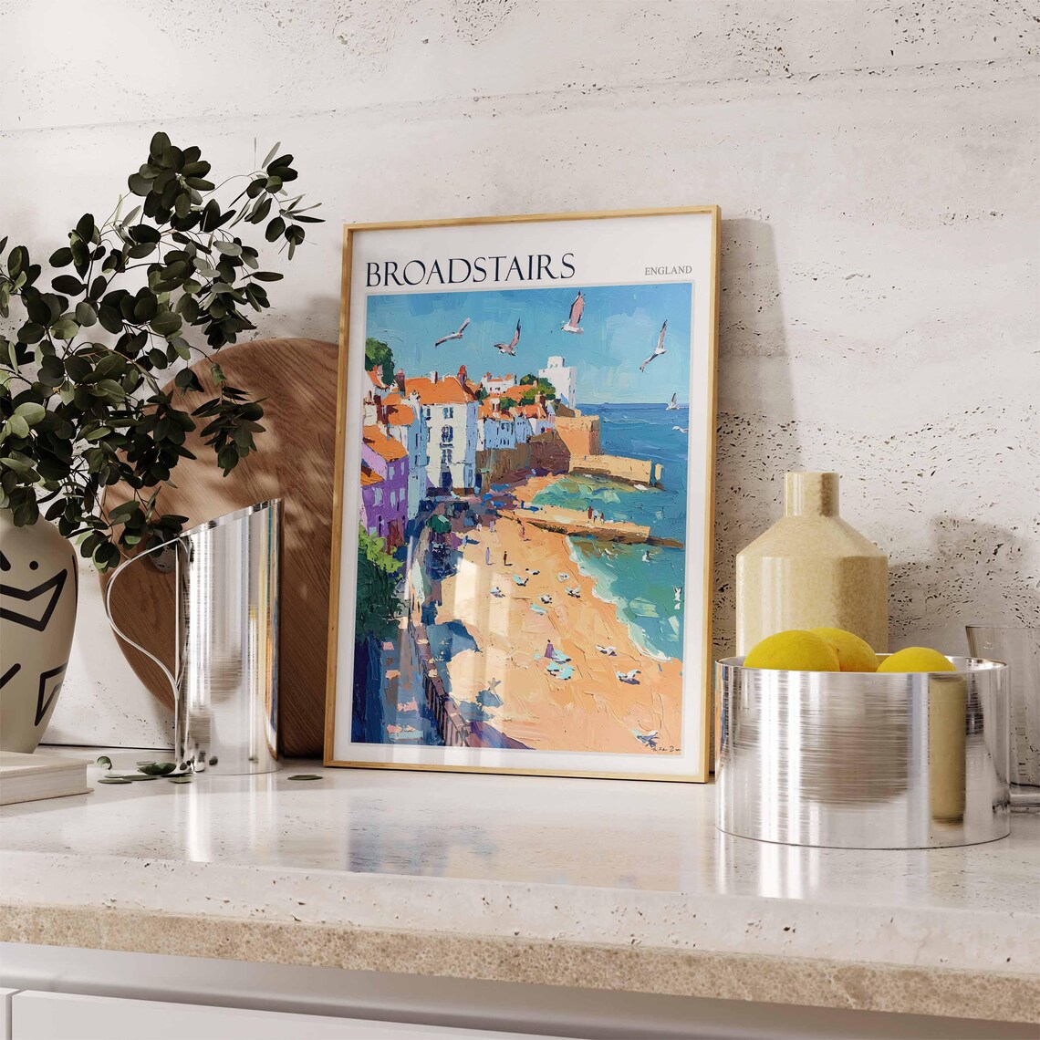 Broadstairs Kent Seagulls Over Beach Cottages Impasto Oil Art Poster - Image 2