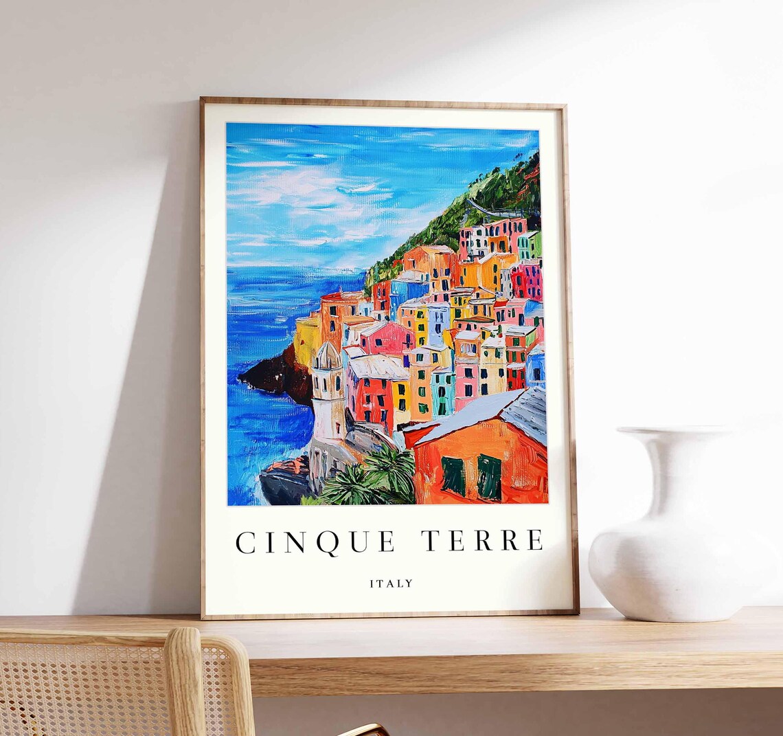Cinque Terre Vivid Impressionist Village Over Blue Sea Travel Poster