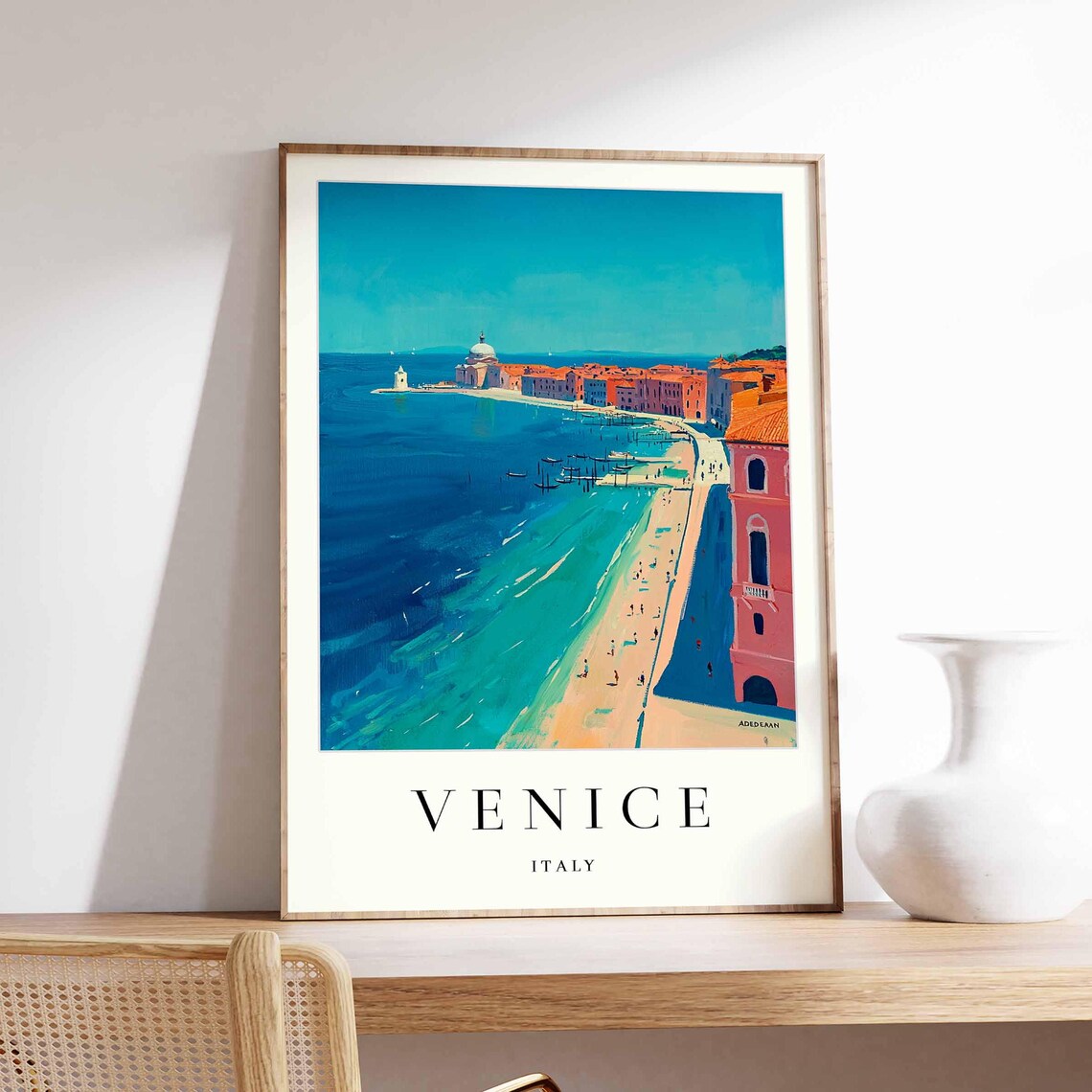 Venice Italy Sunny Beach Waterfront Colorful Painted Travel Poster