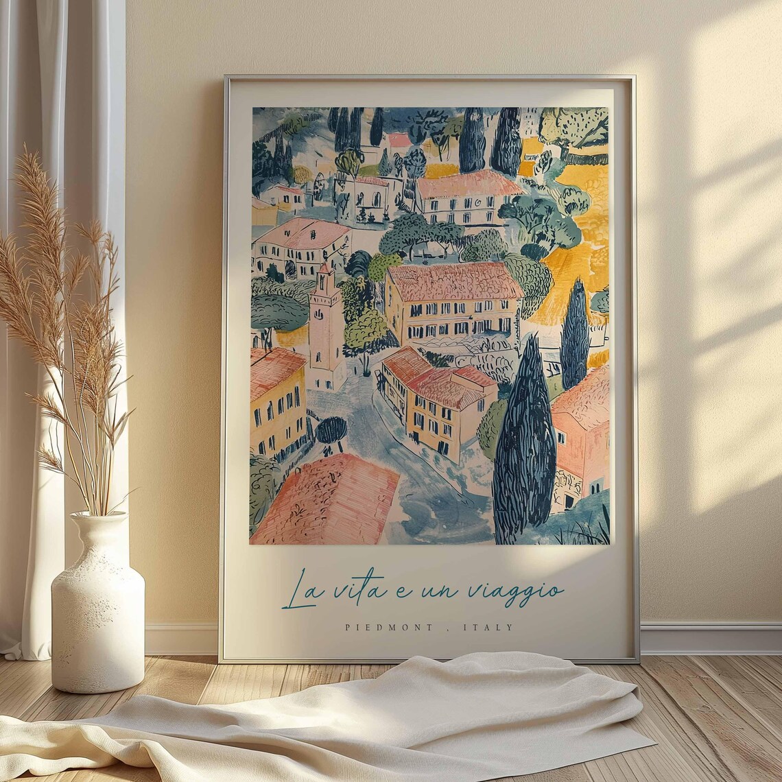 Piedmont Italy Village Rooftops Sketch Style Painting Travel Poster - Image 2