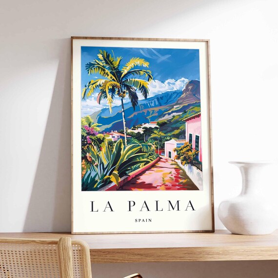 La Palma Spain Palm Tree Path Mountain View Painted Travel Poster