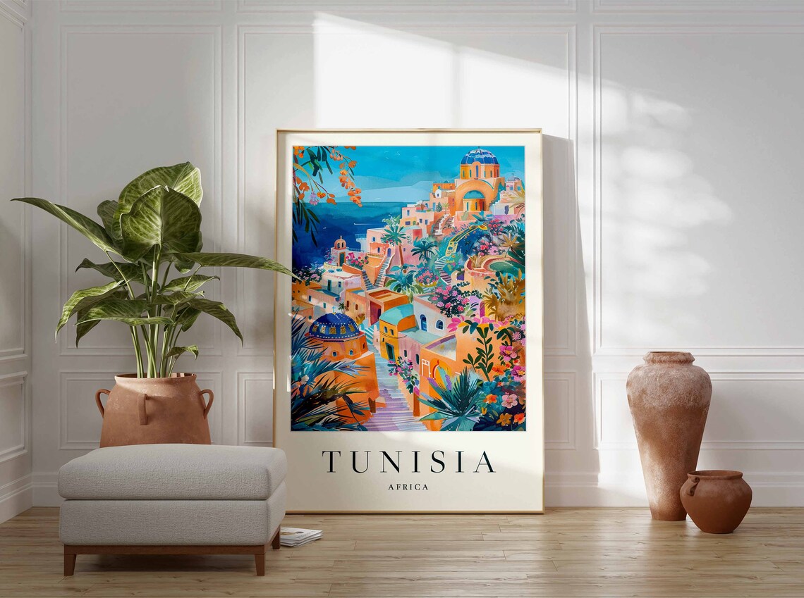 Tunisia Africa Vibrant Seaside Town Blue Domes Coastal Colors Poster - Image 2
