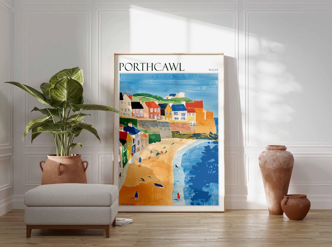 Porthcawl Wales Sandy Beach Bathers Colorful Shore Houses Art Poster - Image 4