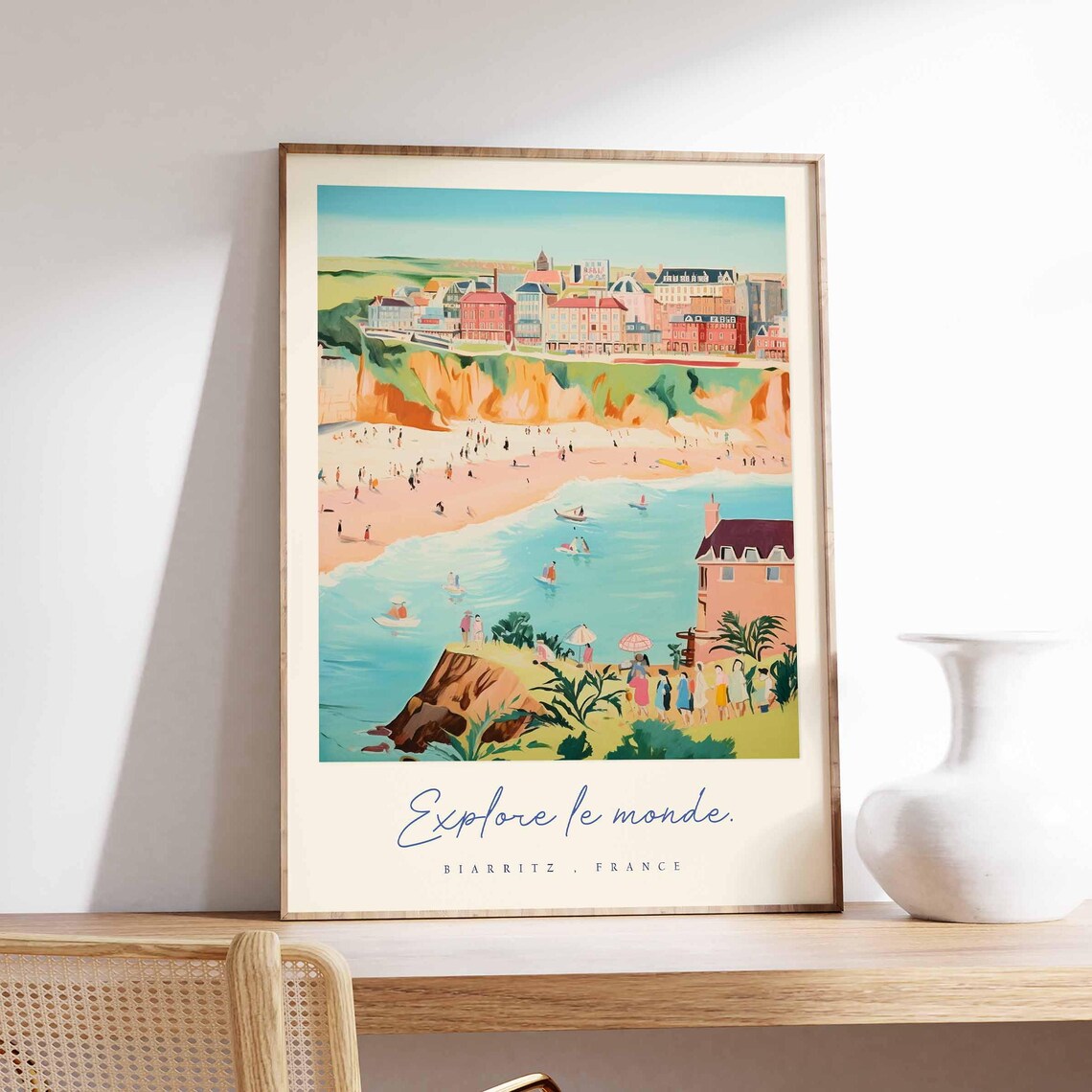 Biarritz France Cliff Beach Town Aerial Summer Crowd Travel Poster