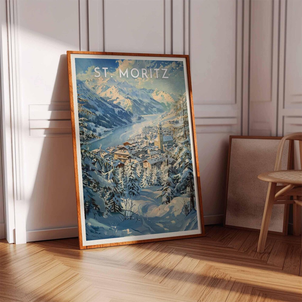 St. Moritz Switzerland Watercolor Town Among Frosted Pines Poster - Image 3
