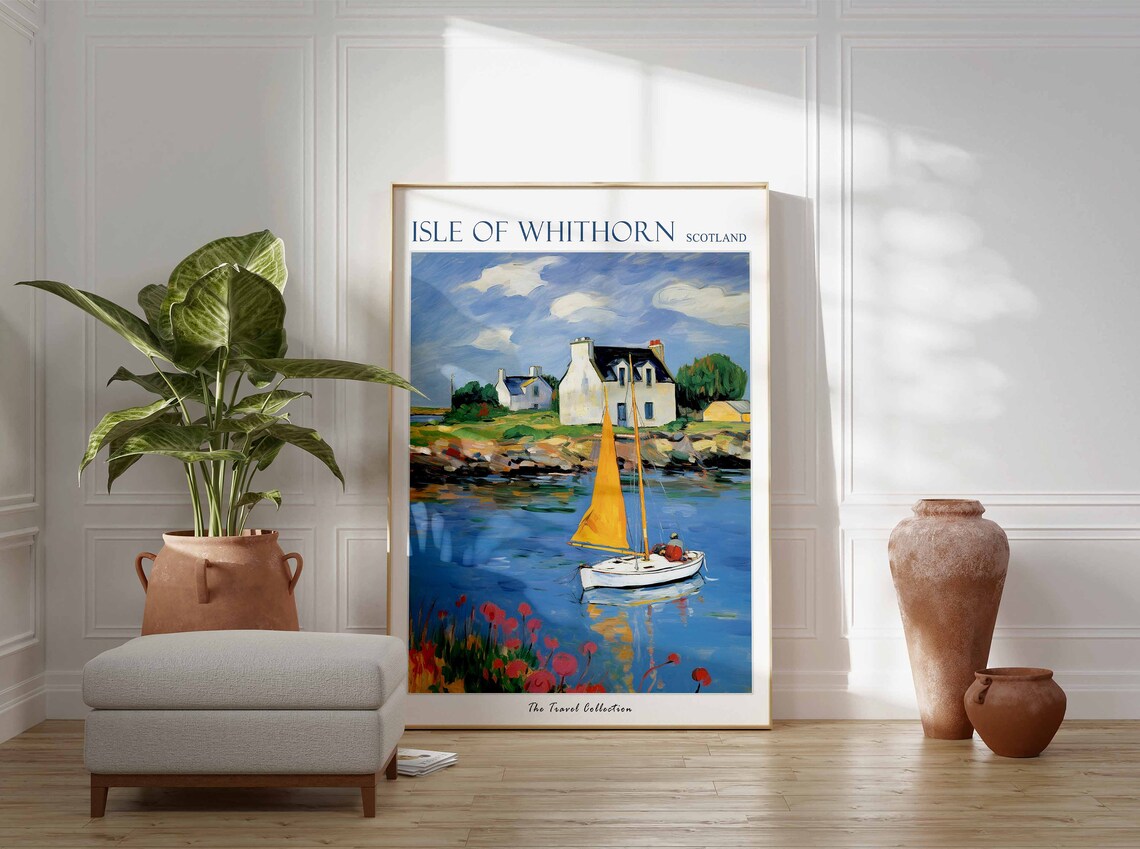 Isle of Whithorn Scotland Yellow Sail Boat and Cottage Shore Poster - Image 3