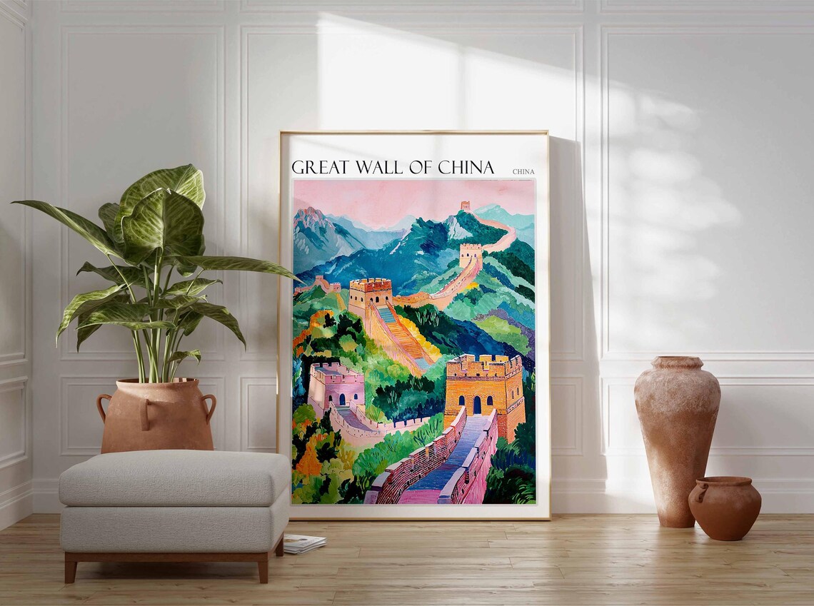 Great Wall of China Towers in Green Forest Pink Sky Artwork Poster - Image 2