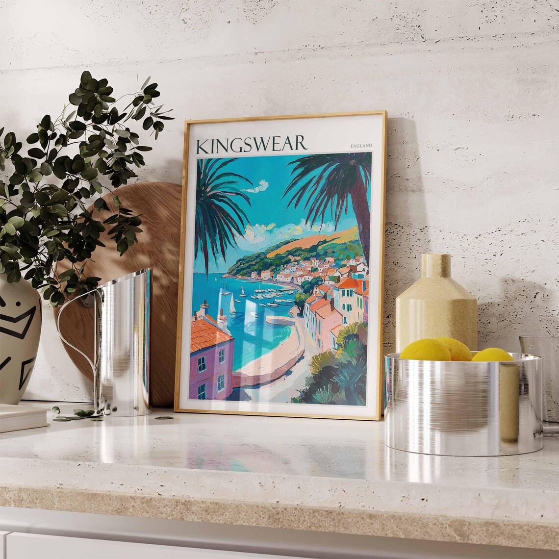 Kingswear England Harbor Palms Pastel Waterfront Cottages Poster - Image 2