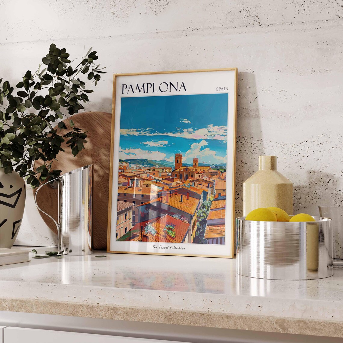 Pamplona Spain Terracotta Rooftops City Skyline Painting Poster - Image 3
