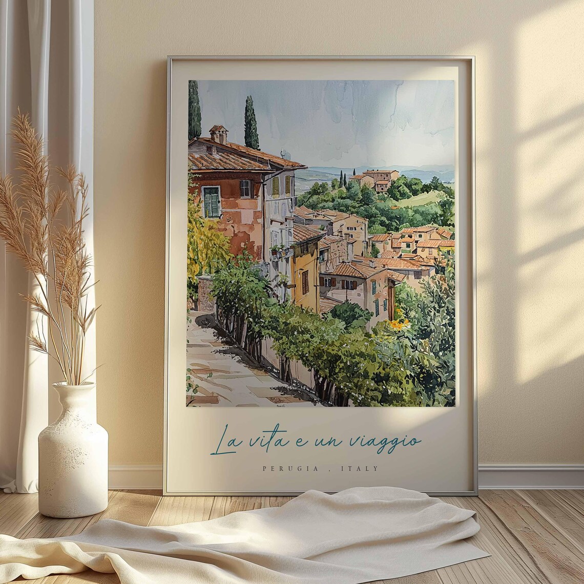Perugia Hillside Village Vineyards Watercolor Italy Travel Poster - Image 2