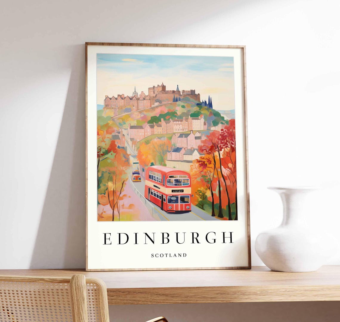 Edinburgh Red Double Decker Bus Castle Hill Autumn Travel Poster