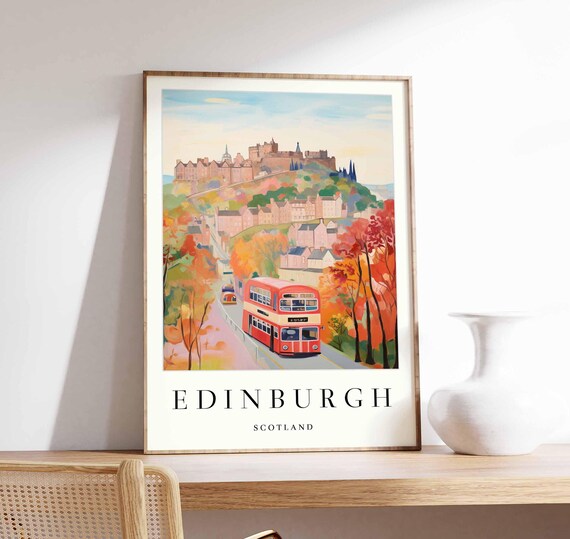 Edinburgh Red Double Decker Bus Castle Hill Autumn Travel Poster