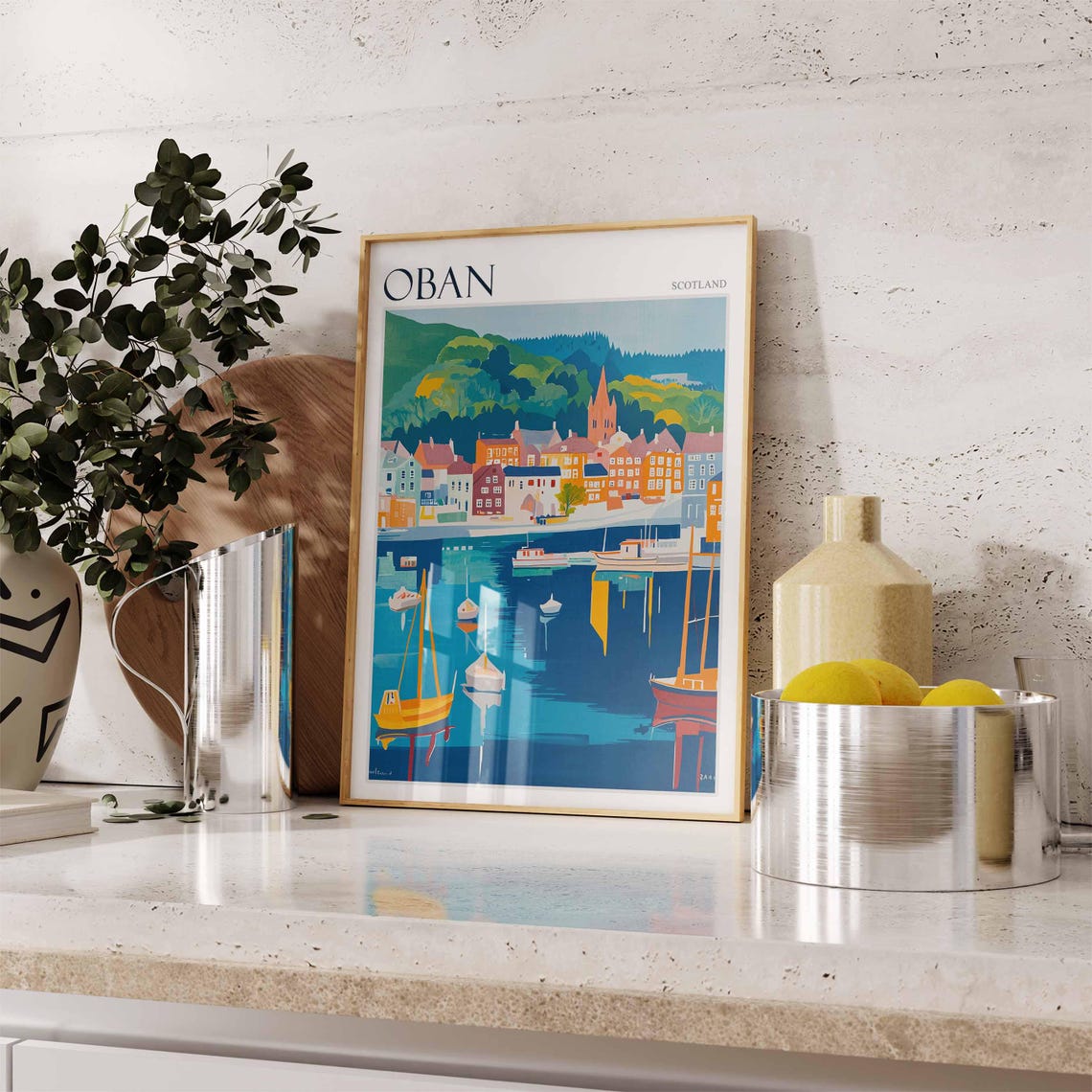Oban Waterfront Boat Reflections Hillside Town Scotland Travel Poster - Image 3