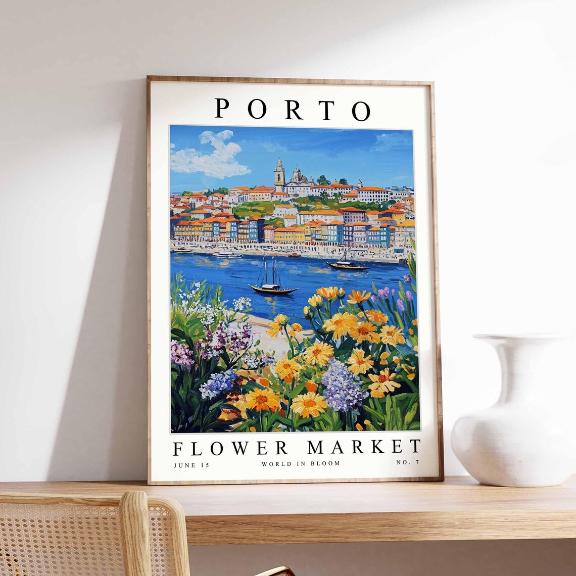 Porto Riverside Sailboat Yellow Purple Garden Floral Travel Poster