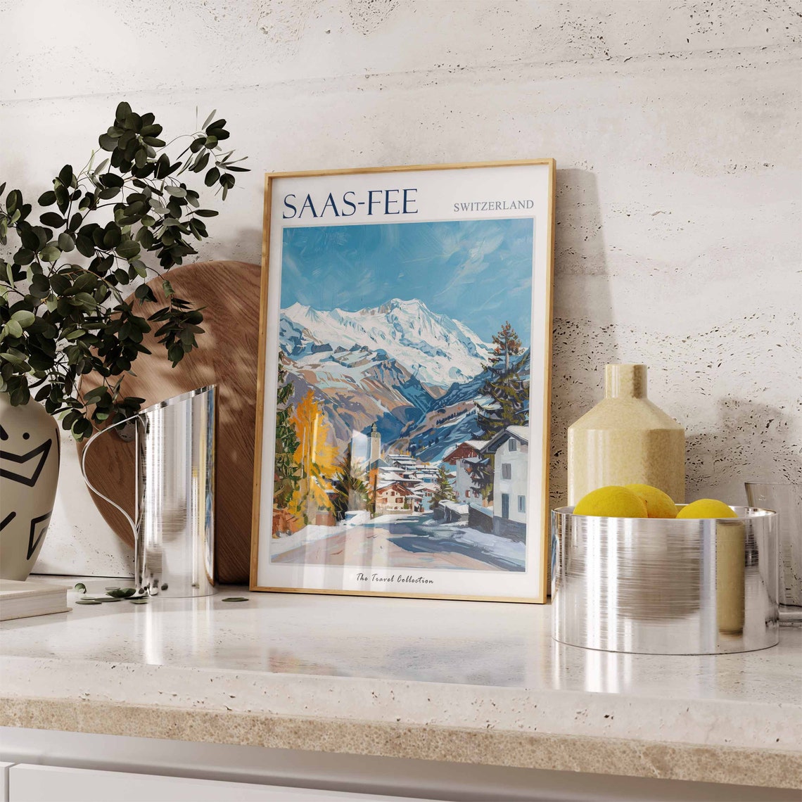 Saas Fee Switzerland Snow Capped Mountain Village Illustration Poster - Image 2