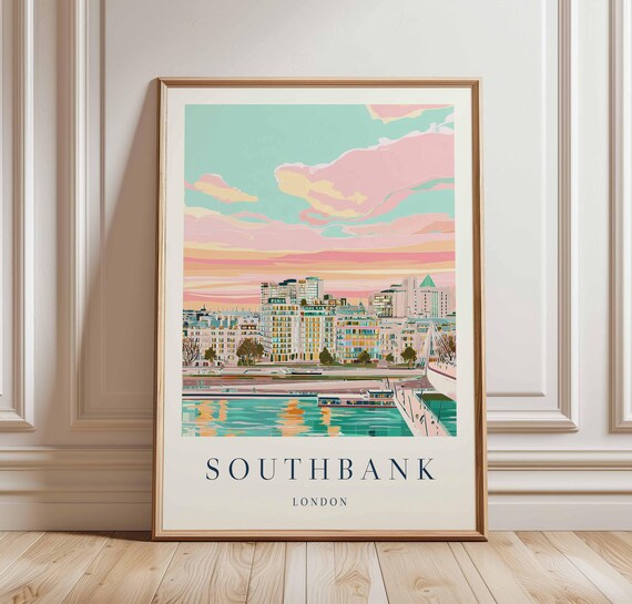 Southbank London Travel Poster Thames River Uk City Art