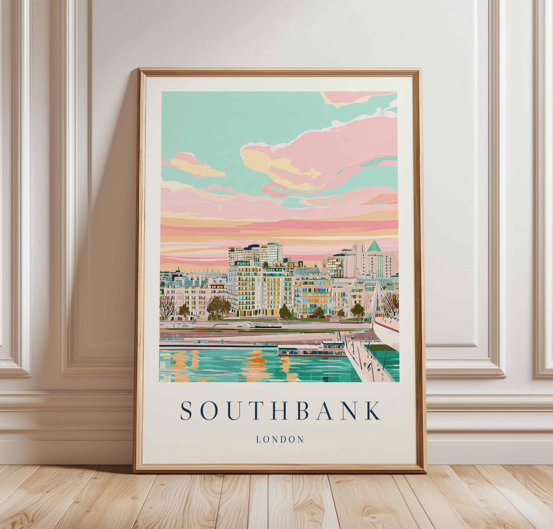 Southbank London Sunset Riverside Skyline Illustration Travel Poster