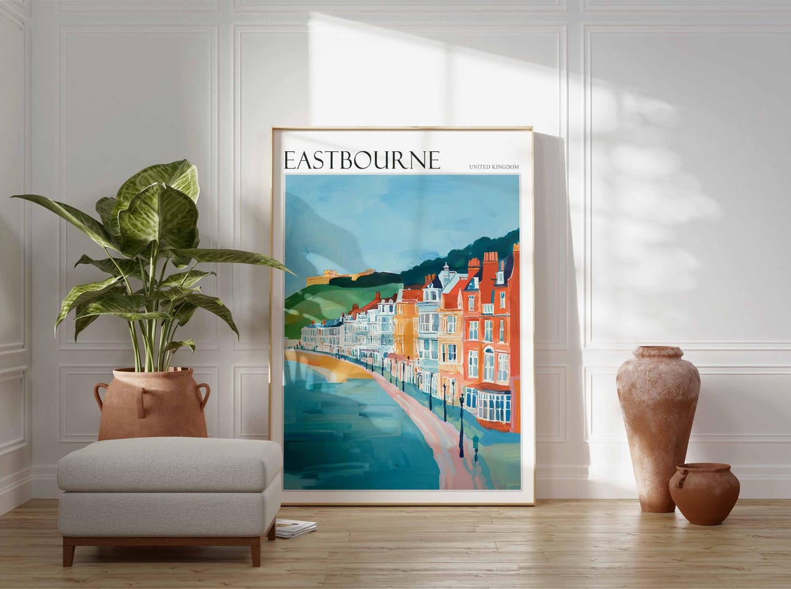 Eastbourne Seafront Terraced Houses Green Hills Painting Style Poster - Image 3