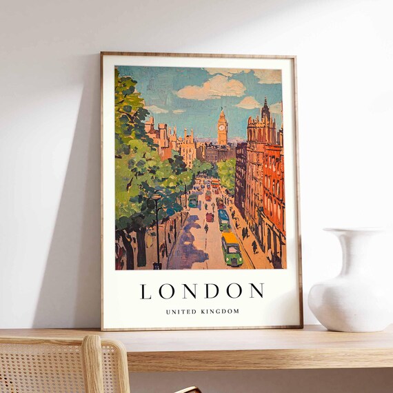 London Big Ben Westminster Street Scene Vintage Travel Poster