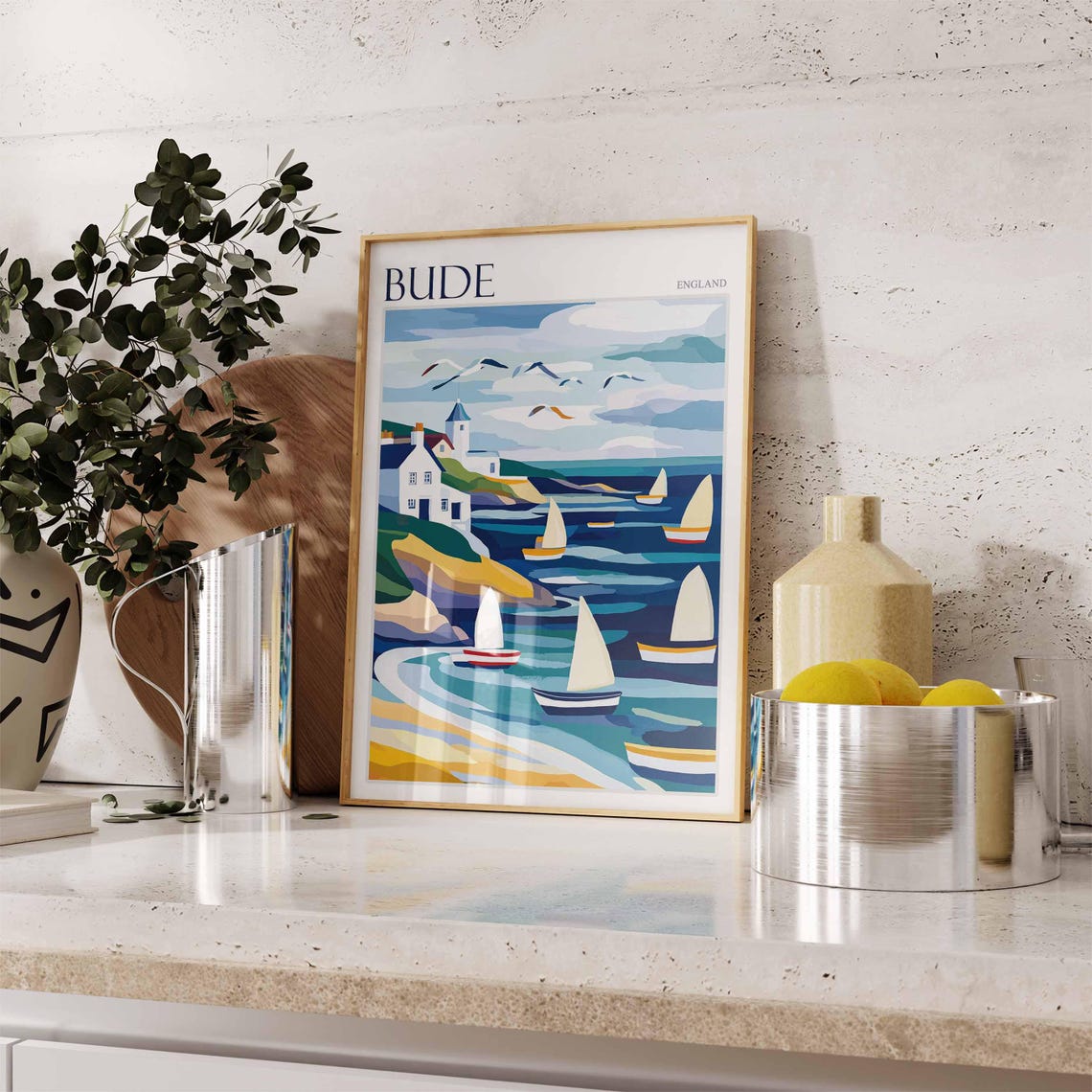Bude Cornwall England Sailboats Lighthouse Cliffs and Seagulls Poster - Image 2