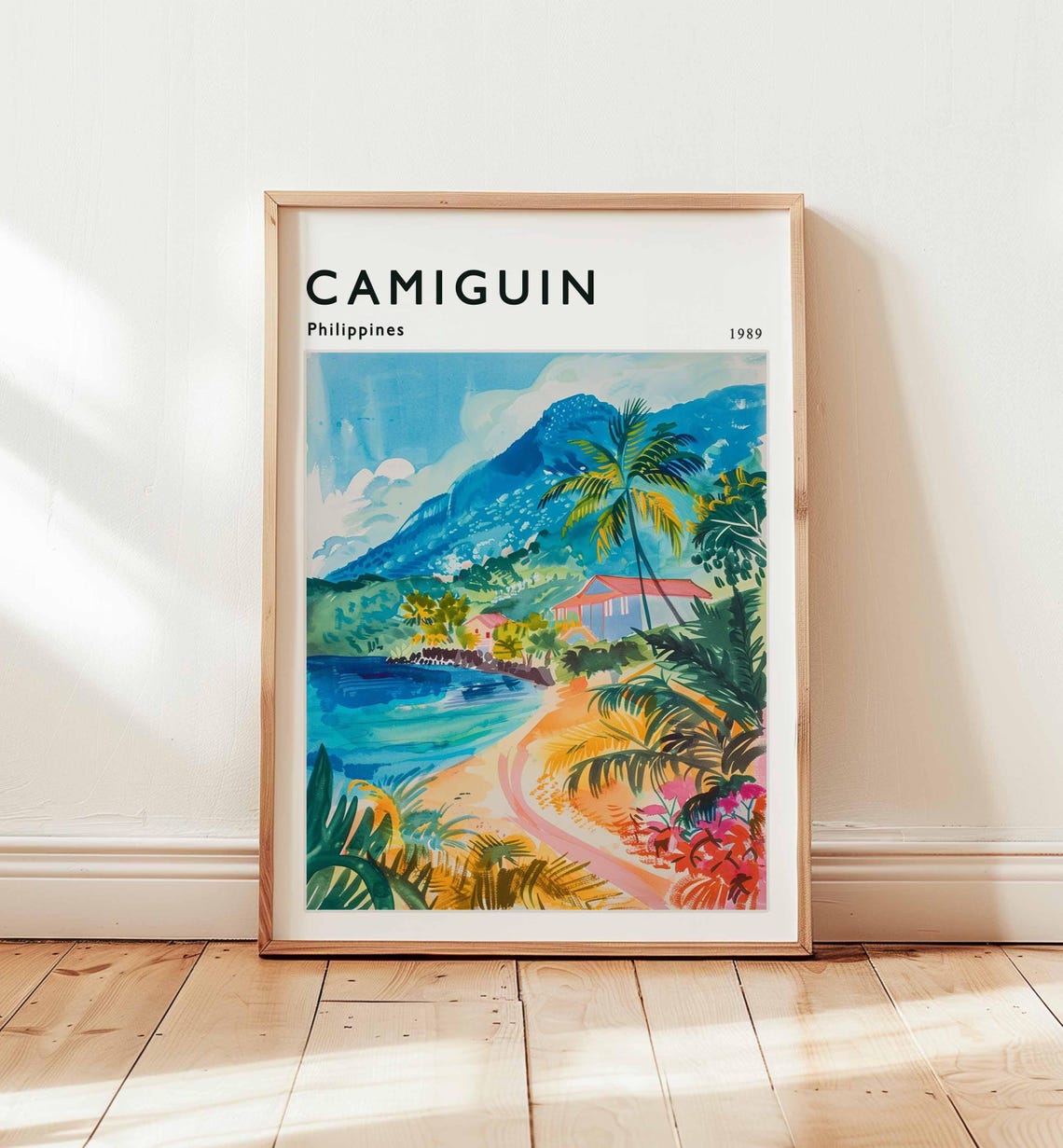 Camiguin Philippines 1989 Volcano Bay Palm Trees Tropical Poster
