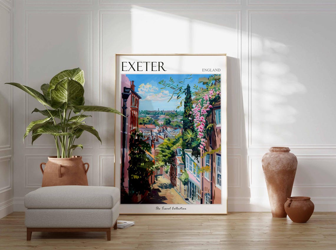 Exeter England Pink Houses Pink Blossom Rooftops View Poster - Image 2