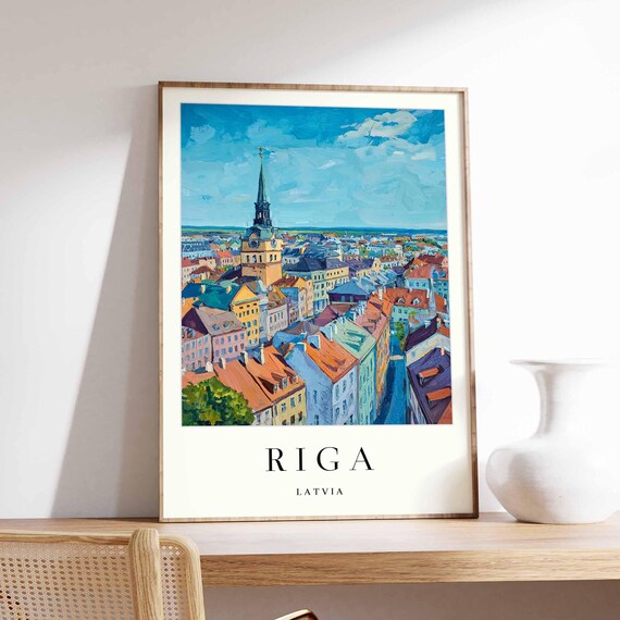 Riga Latvia Old Town Rooftops Tall Church Spire Travel Poster