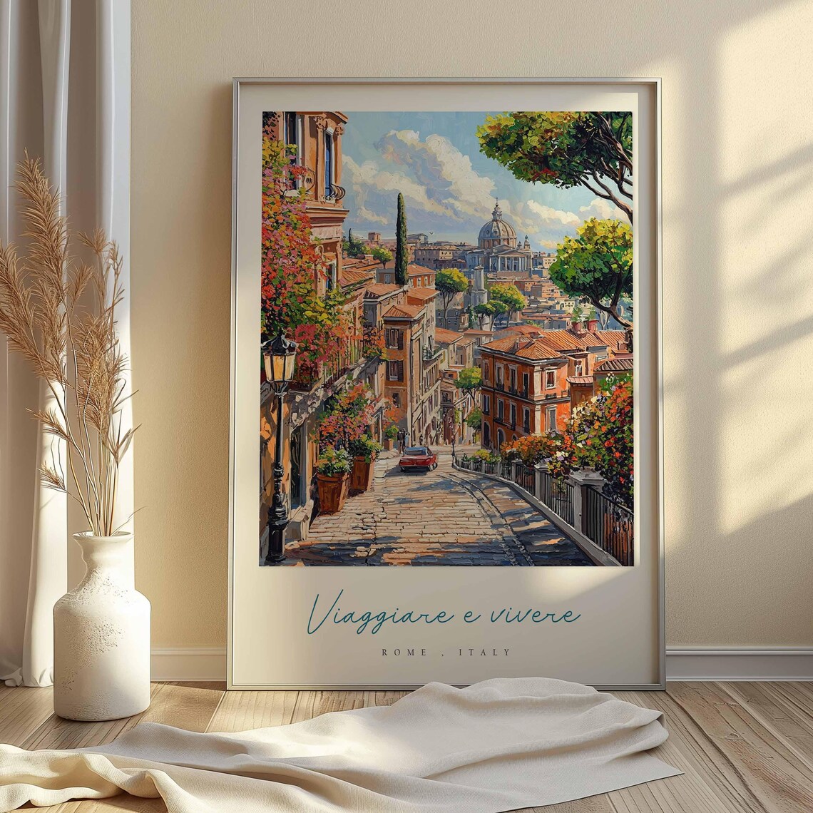 Rome Italy Cobblestone Lane Watercolor Rooftops Travel Quote Poster - Image 2