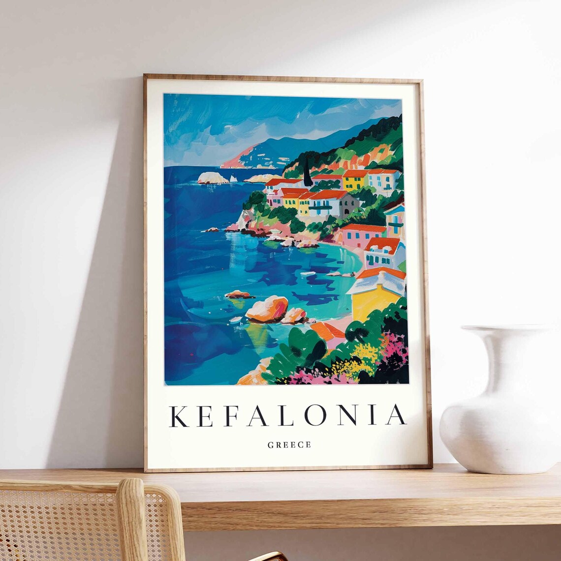 Kefalonia Greece Island Coastal Town Turquoise Sea Travel Art Poster