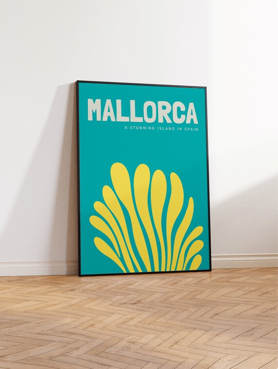 Mallorca Spain Minimalist Typographic Teal Yellow Art Poster