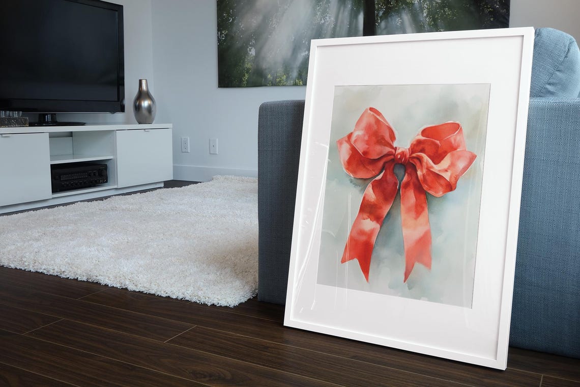 Coral Red Ribbon Bow On Blue Gray Watercolor Wash Holiday Poster - Image 3