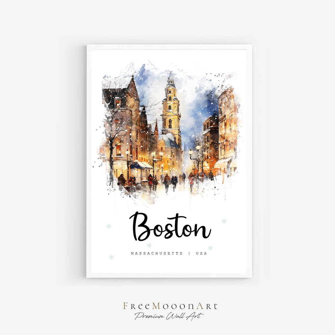 Boston Massachusetts Snowy Evening Watercolor Street Travel Poster