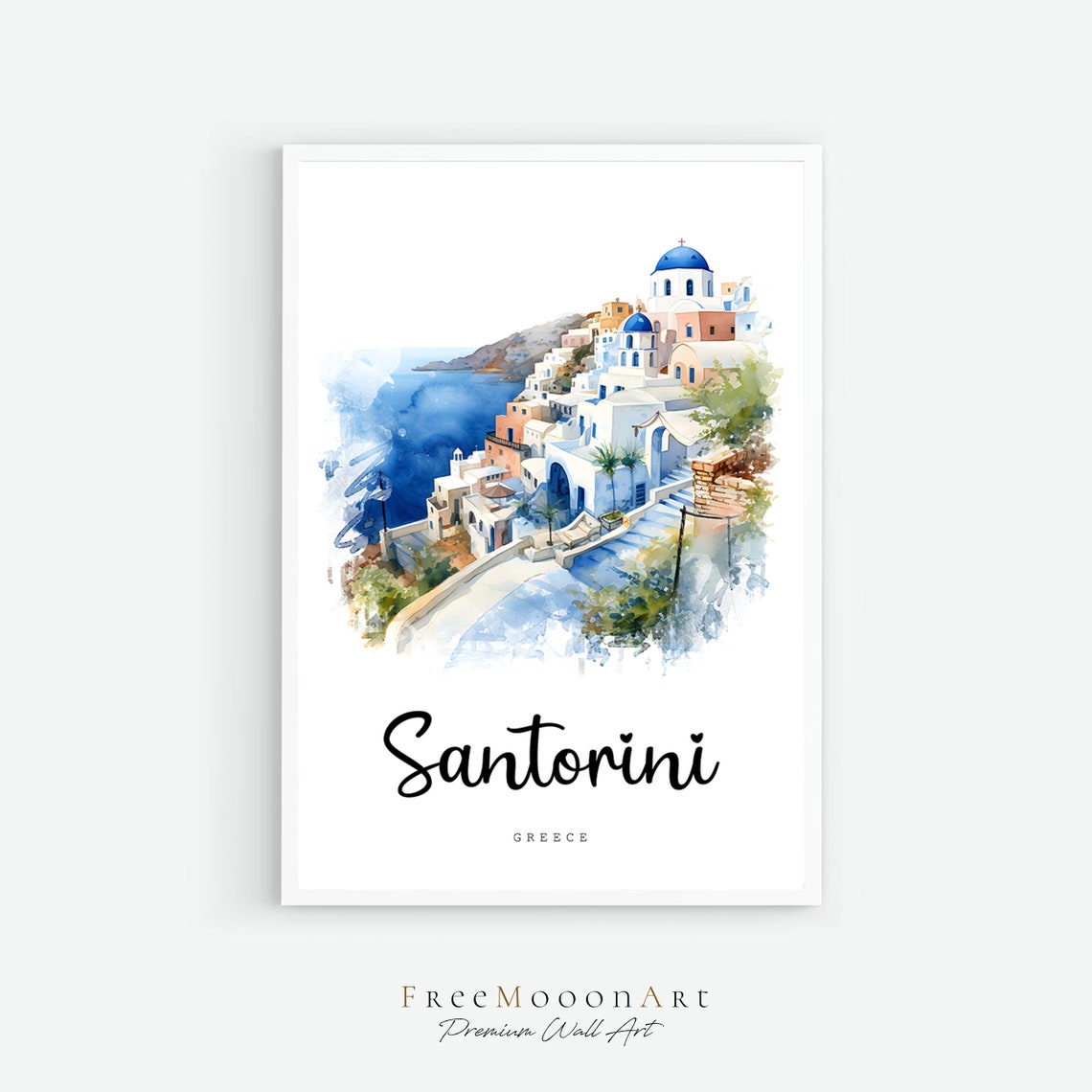 Santorini Greece Blue Domes Watercolor Travel Poster Island View
