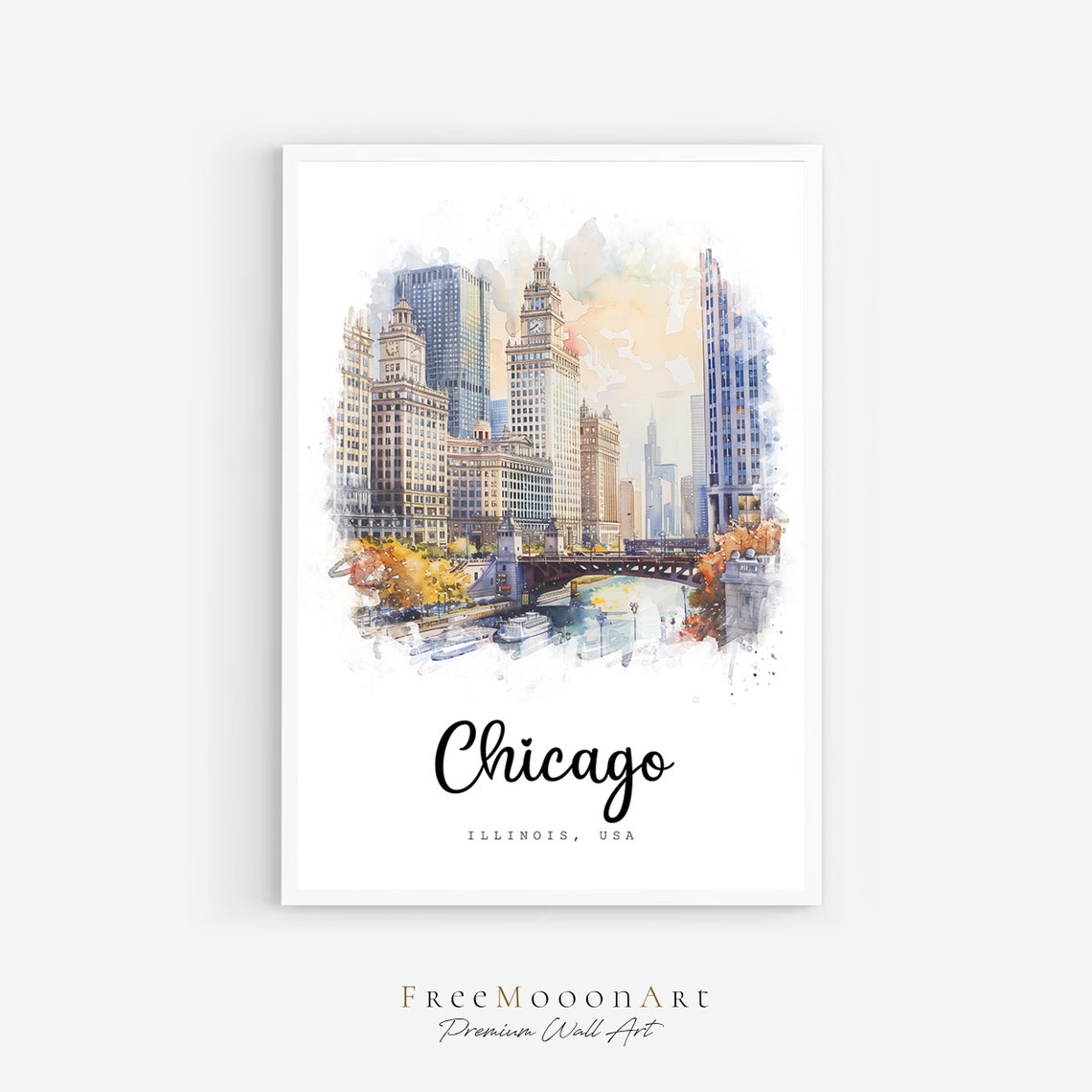Chicago Illinois River Skyline Autumn Colors Watercolor Travel Poster