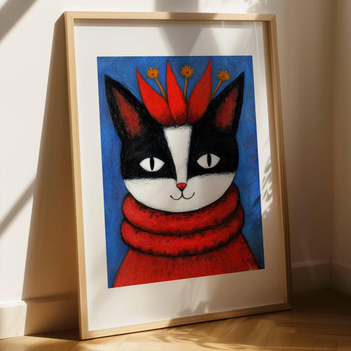 Whimsical Cat Portrait Colorful Animal Wall Art Playful Feline Illustration