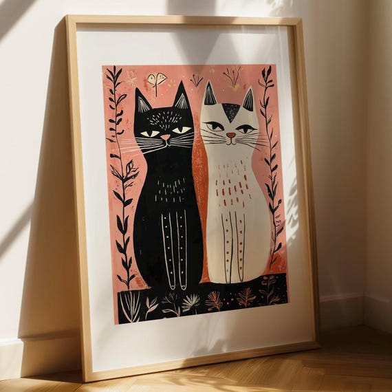 Abstract Cat Art Playful Folk Illustration Whimsical Pet Wall Print